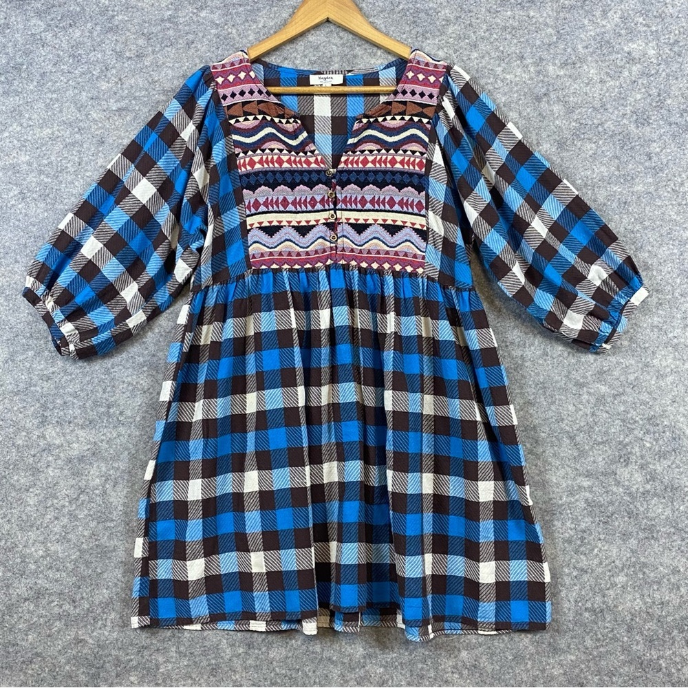Hayden Plaid Geometric Babydoll Peasant Tunic Dress Dolman Sleeves Blue‎ Size L